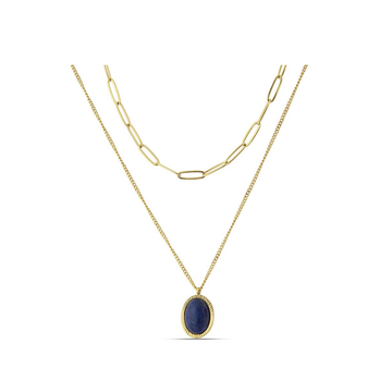 Polo Exchange Dark Blue Natural Stone Pendant Gold Necklace