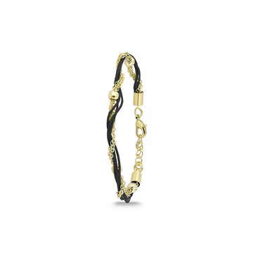 Polo Exchange Gold Plated Chain Black Leather Bracelet